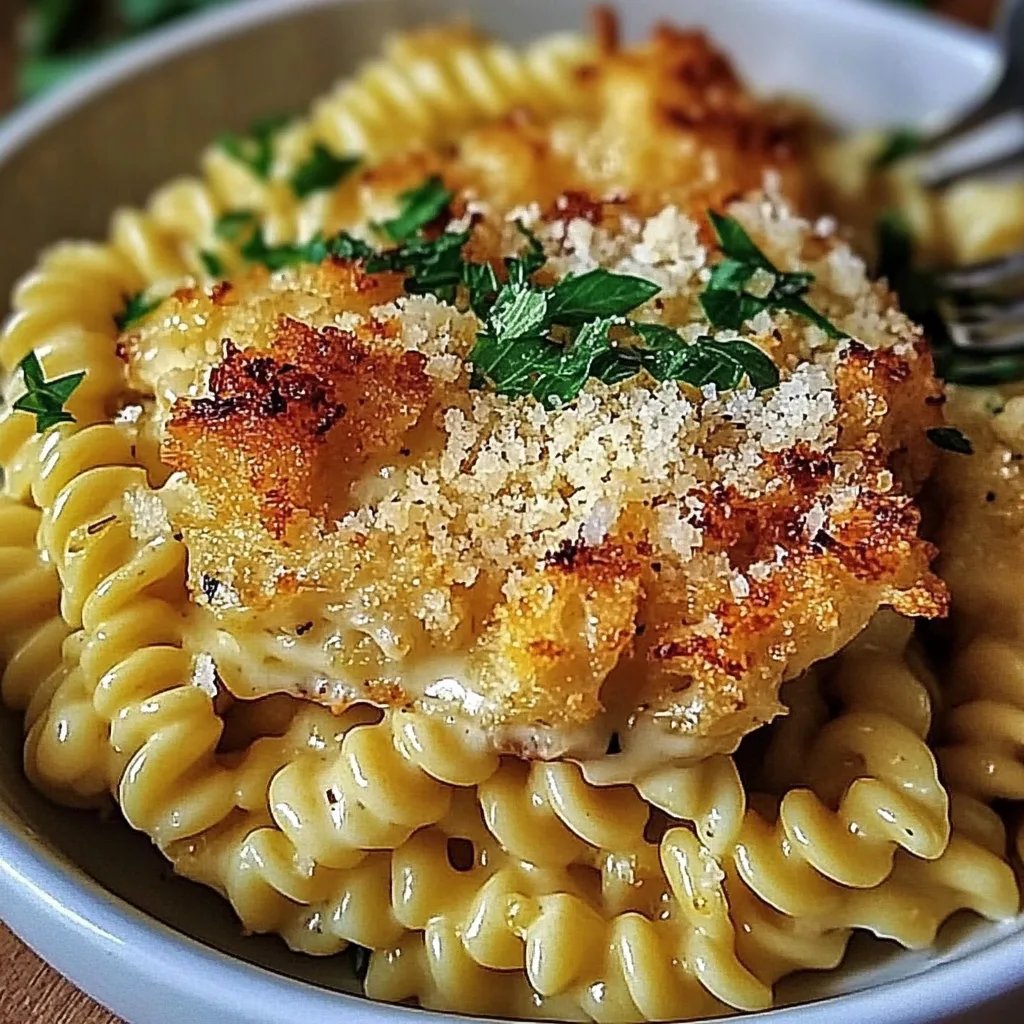 Knuspriger Nudel-Hähnchen-Auflauf mit Knoblauch und Parmesan