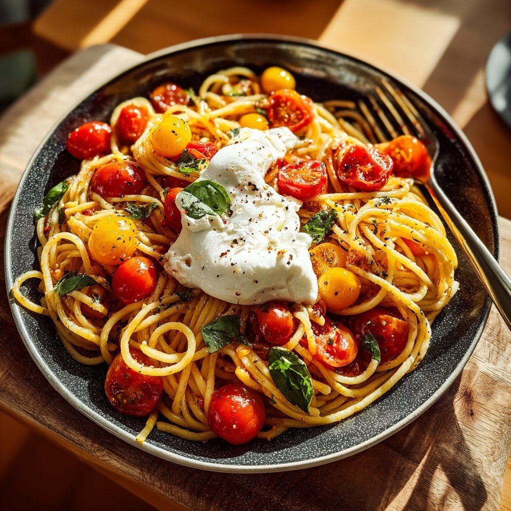 Spaghetti mit Tomaten und Burrata