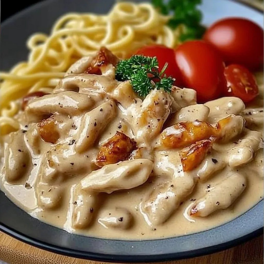 Hähnchenstreifen mit Nudeln in Sahnesauce